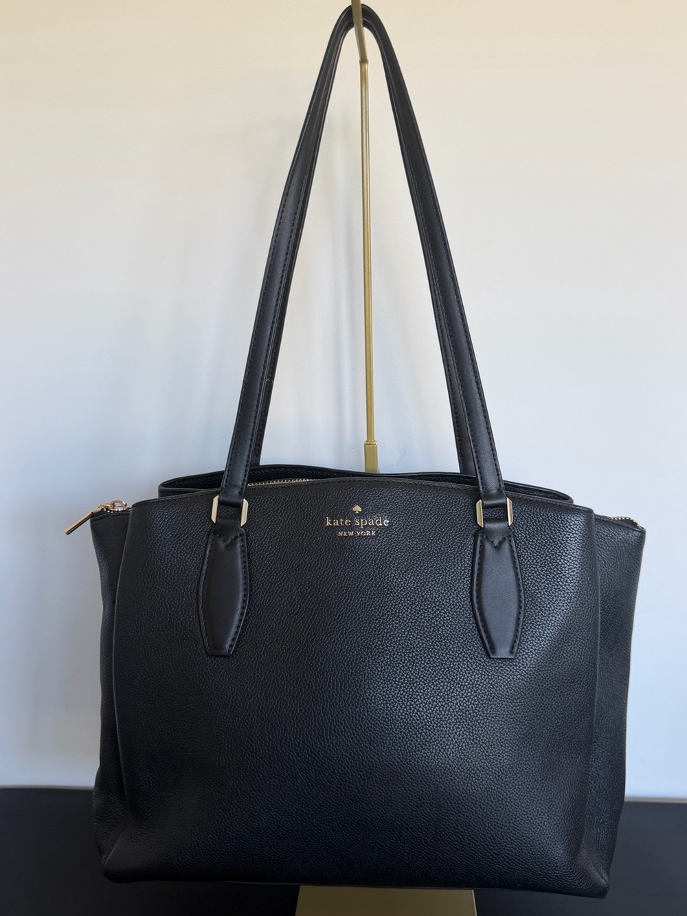 Kate Spade Monet Large Black Pebbled Leather Triple Compartment Tote